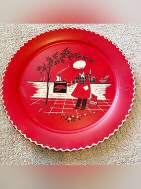 Marcelline Stoyke Red Metal Chef BBQ Serving Tray Large 19" Vintage 1950's MCM